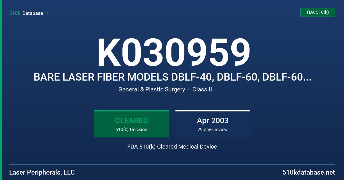 K030959 BARE LASER FIBER MODELS DBLF-40, DBLF-60, DBLF-60-1, DCLF-600B, DSLF-60, DBLF-100 FDA 510(k) Cleared Medical Device