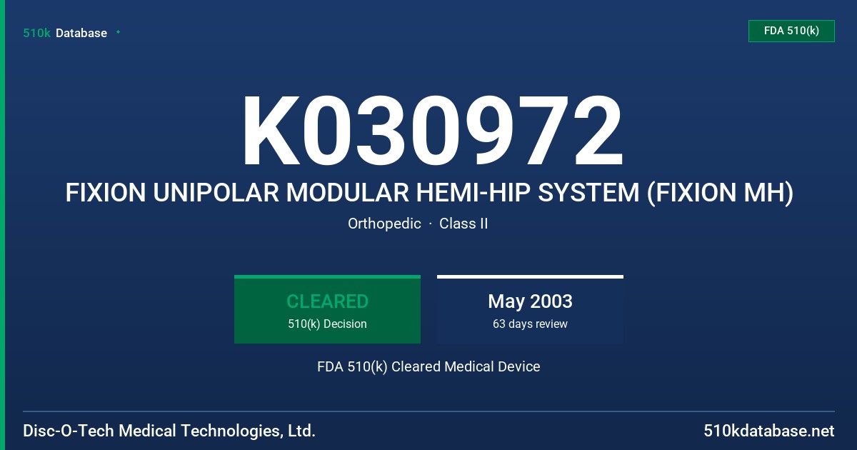 K030972 FIXION UNIPOLAR MODULAR HEMI-HIP SYSTEM (FIXION MH) FDA 510(k) Cleared Medical Device