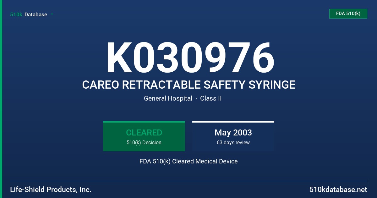 K030976 CAREO RETRACTABLE SAFETY SYRINGE FDA 510(k) Cleared Medical Device