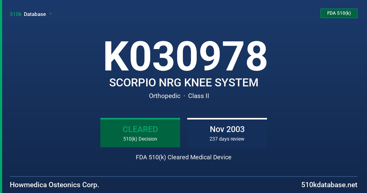 K030978 SCORPIO NRG KNEE SYSTEM FDA 510(k) Cleared Medical Device