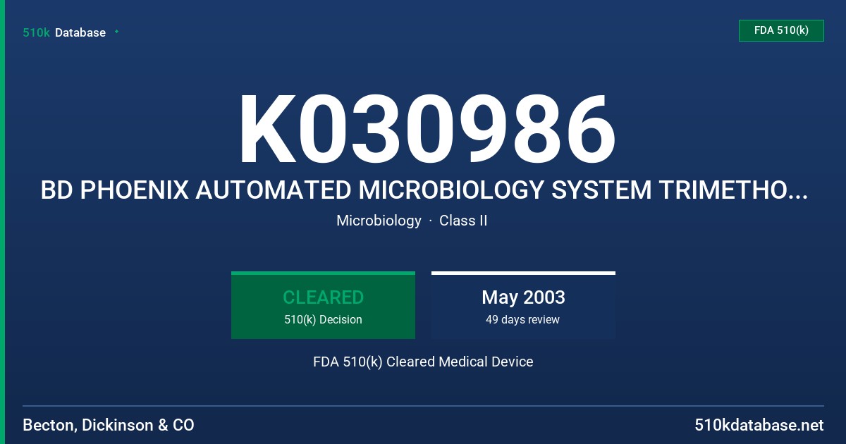 K030986 BD PHOENIX AUTOMATED MICROBIOLOGY SYSTEM TRIMETHOPRIM - GN 0.5-16 UG/ML FDA 510(k) Cleared Medical Device