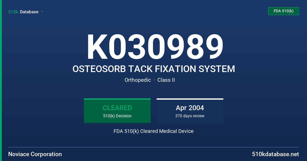 K030989 OSTEOSORB TACK FIXATION SYSTEM FDA 510(k) Cleared Medical Device