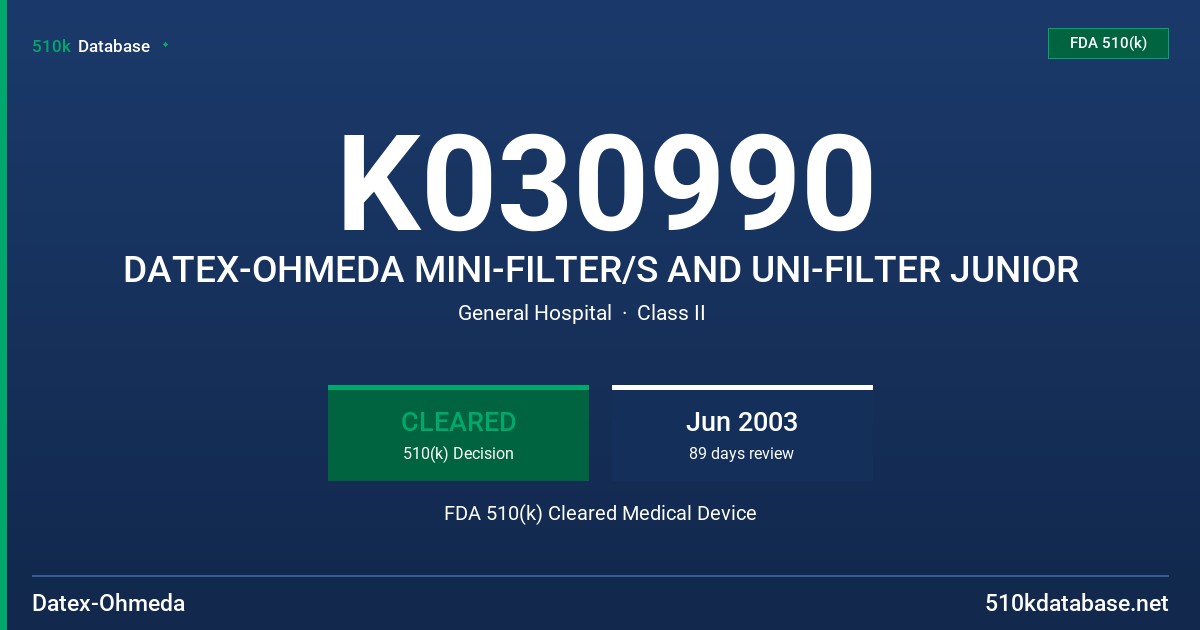 K030990 DATEX-OHMEDA MINI-FILTER/S AND UNI-FILTER JUNIOR FDA 510(k) Cleared Medical Device