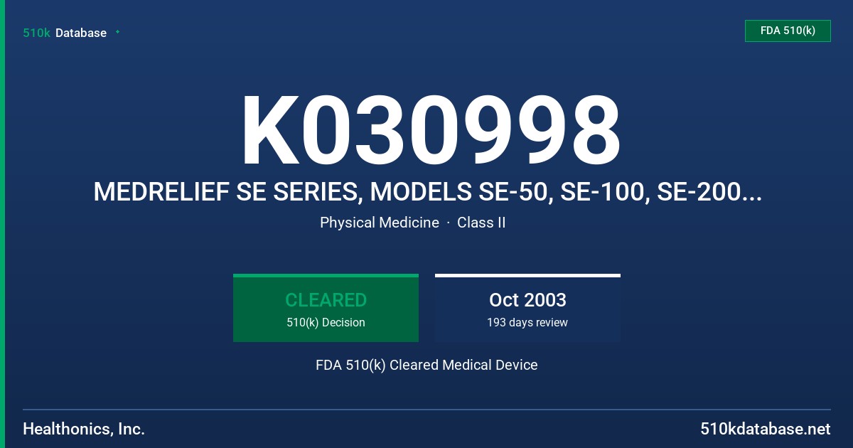 K030998 MEDRELIEF SE SERIES, MODELS SE-50, SE-100, SE-200, SE-300 FDA 510(k) Cleared Medical Device