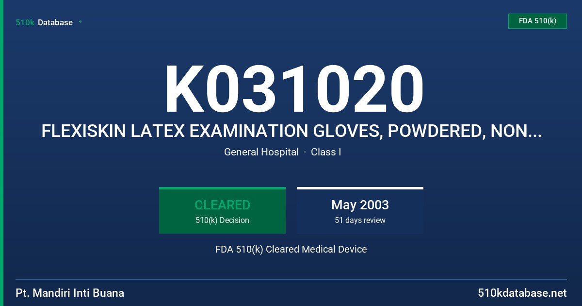 K031020 FLEXISKIN LATEX EXAMINATION GLOVES, POWDERED, NON STERILE FDA 510(k) Cleared Medical Device