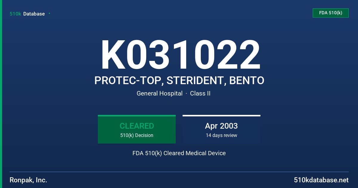 K031022 PROTEC-TOP, STERIDENT, BENTO FDA 510(k) Cleared Medical Device