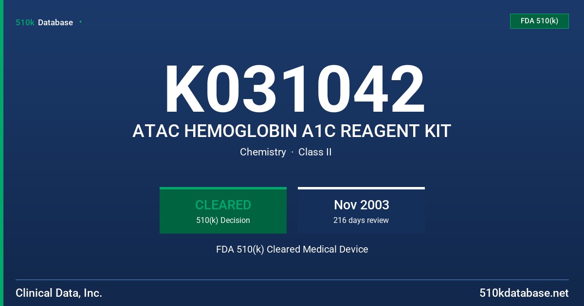 K031042 ATAC HEMOGLOBIN A1C REAGENT KIT FDA 510(k) Cleared Medical Device