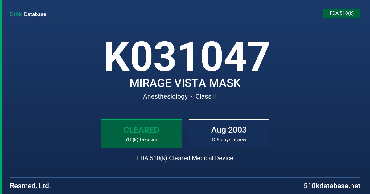 K031047 MIRAGE VISTA MASK FDA 510(k) Cleared Medical Device