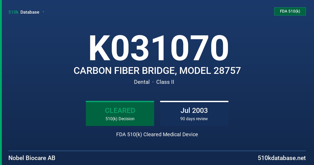K031070 CARBON FIBER BRIDGE, MODEL 28757 FDA 510(k) Cleared Medical Device