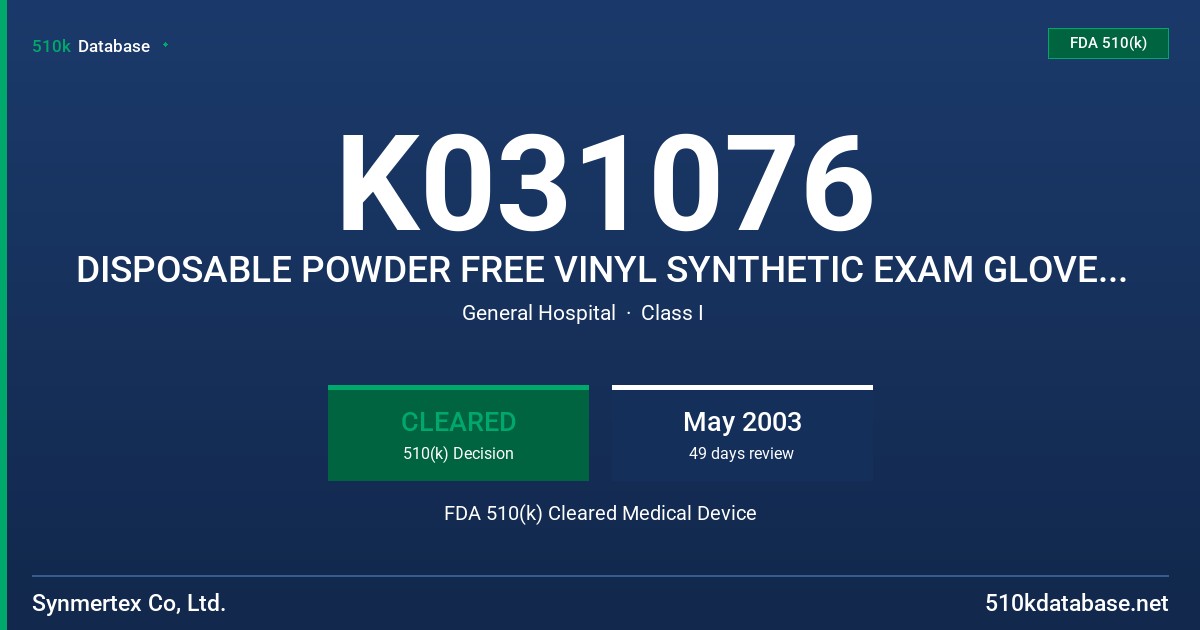 K031076 DISPOSABLE POWDER FREE VINYL SYNTHETIC EXAM GLOVES WHITE COLOR FDA 510(k) Cleared Medical Device