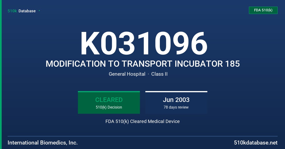 K031096 MODIFICATION TO TRANSPORT INCUBATOR 185 FDA 510(k) Cleared Medical Device