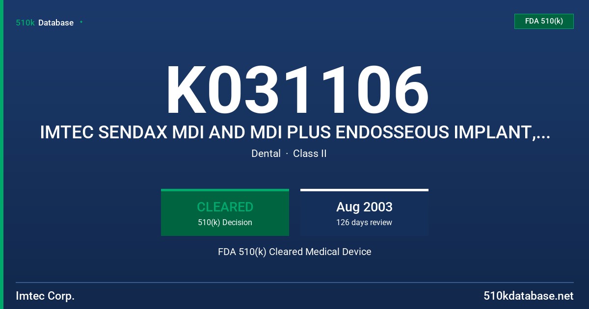 K031106 IMTEC SENDAX MDI AND MDI PLUS ENDOSSEOUS IMPLANT, MODELS OB-XX, SH-XX, MOB-22, MSH-XX FDA 510(k) Cleared Medical Device