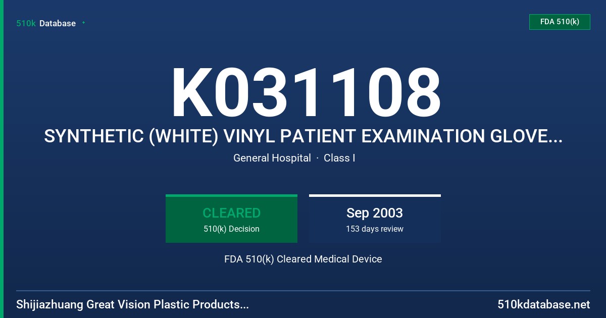 K031108 SYNTHETIC (WHITE) VINYL PATIENT EXAMINATION GLOVES-POWDER FREE FDA 510(k) Cleared Medical Device
