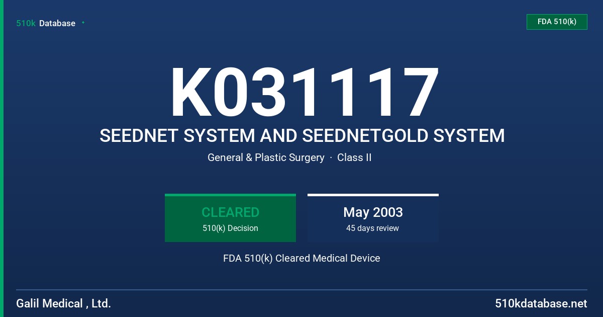 K031117 SEEDNET SYSTEM AND SEEDNETGOLD SYSTEM FDA 510(k) Cleared Medical Device