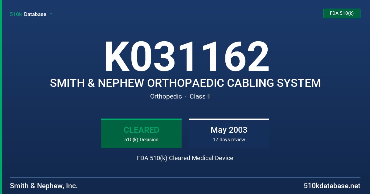 K031162 SMITH & NEPHEW ORTHOPAEDIC CABLING SYSTEM FDA 510(k) Cleared Medical Device