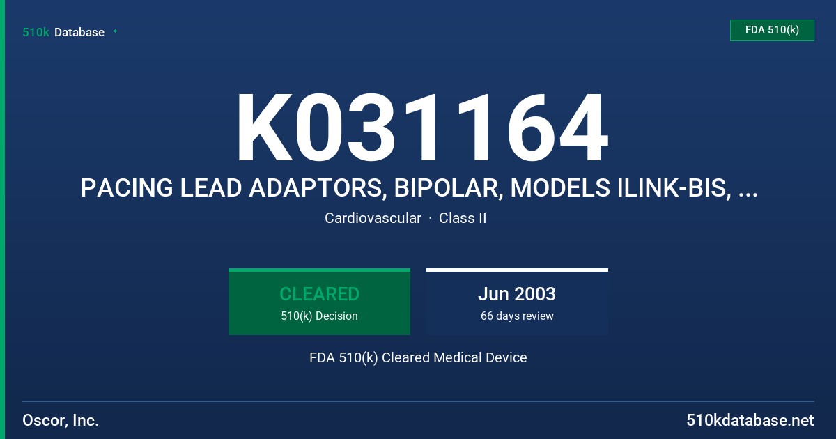 K031164 PACING LEAD ADAPTORS, BIPOLAR, MODELS ILINK-BIS, ILINK-BLV FDA 510(k) Cleared Medical Device