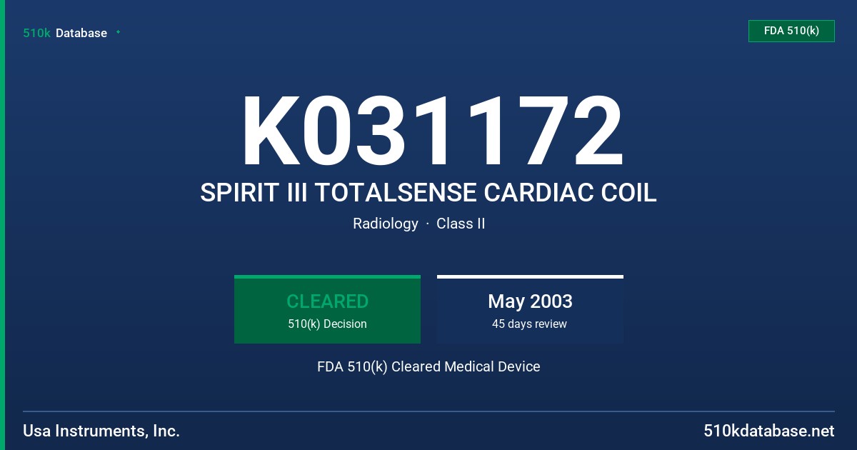 K031172 SPIRIT III TOTALSENSE CARDIAC COIL FDA 510(k) Cleared Medical Device