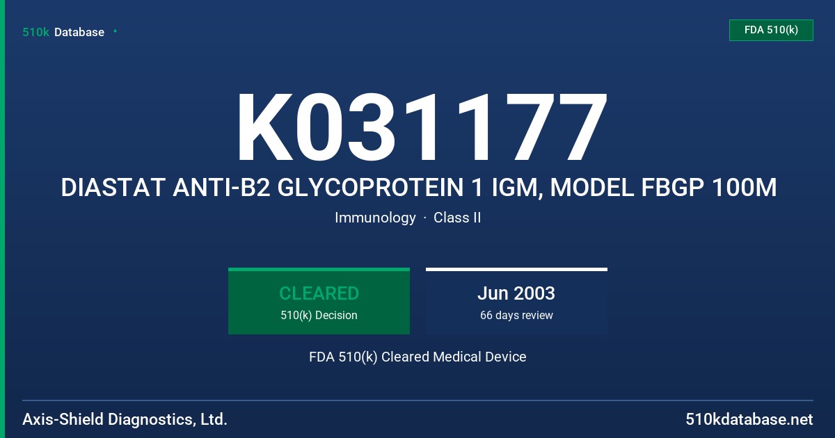 K031177 DIASTAT ANTI-B2 GLYCOPROTEIN 1 IGM, MODEL FBGP 100M FDA 510(k) Cleared Medical Device
