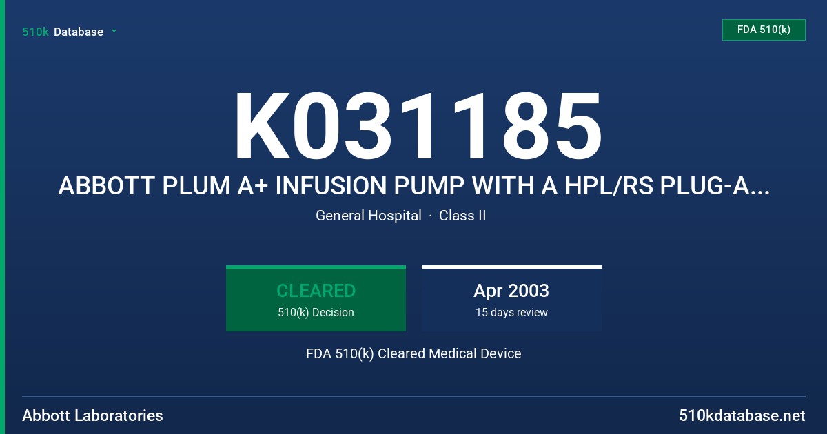 K031185 ABBOTT PLUM A+ INFUSION PUMP WITH A HPL/RS PLUG-AND-PLAY MODULE FDA 510(k) Cleared Medical Device
