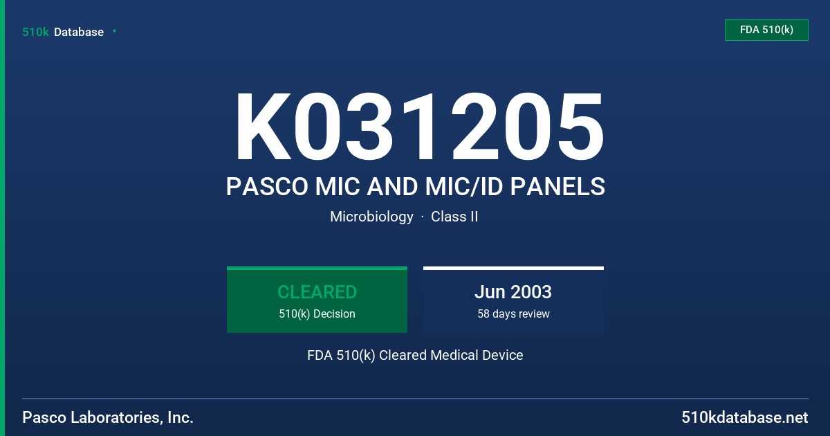 K031205 PASCO MIC AND MIC/ID PANELS FDA 510(k) Cleared Medical Device
