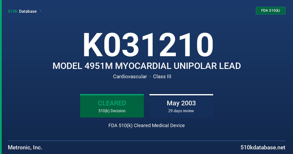 K031210 MODEL 4951M MYOCARDIAL UNIPOLAR LEAD FDA 510(k) Cleared Medical Device