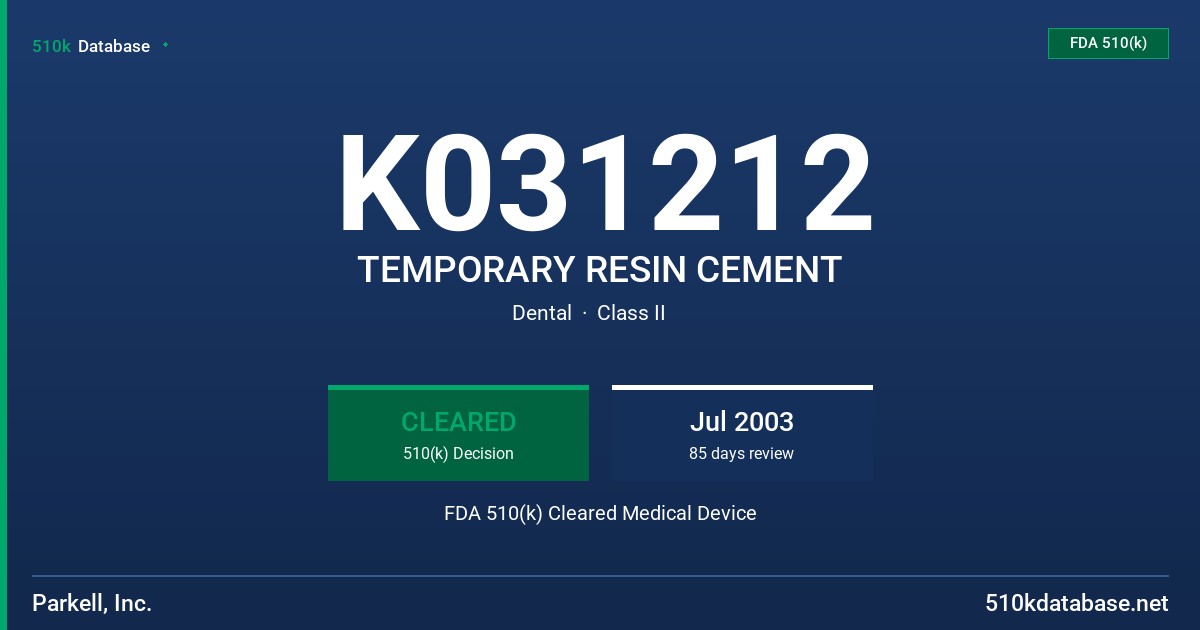 K031212 TEMPORARY RESIN CEMENT FDA 510(k) Cleared Medical Device