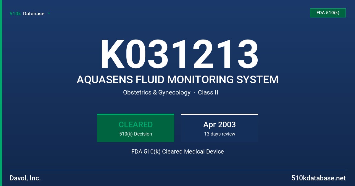 K031213 AQUASENS FLUID MONITORING SYSTEM FDA 510(k) Cleared Medical Device