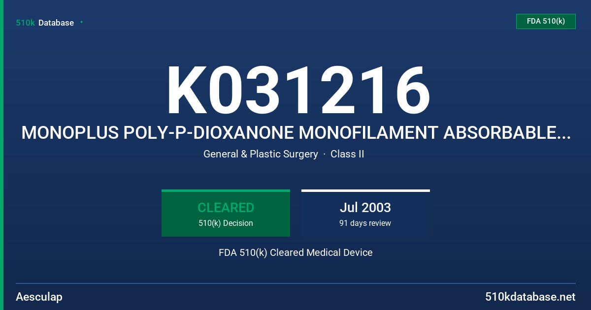 K031216 MONOPLUS POLY-P-DIOXANONE MONOFILAMENT ABSORBABLE SURGICAL SUTURE FDA 510(k) Cleared Medical Device