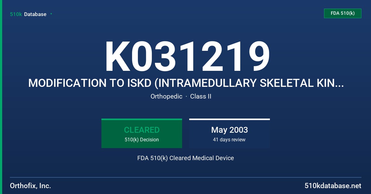 K031219 MODIFICATION TO ISKD (INTRAMEDULLARY SKELETAL KINETIC DISTRACTOR) FDA 510(k) Cleared Medical Device