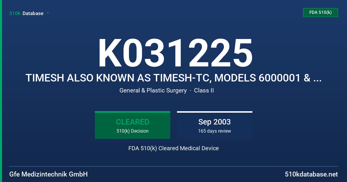 K031225 TIMESH ALSO KNOWN AS TIMESH-TC, MODELS 6000001 & 6000004 FDA 510(k) Cleared Medical Device
