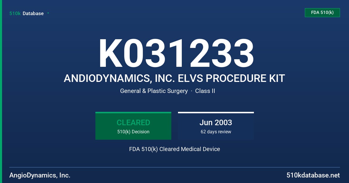 K031233 ANDIODYNAMICS, INC. ELVS PROCEDURE KIT FDA 510(k) Cleared Medical Device