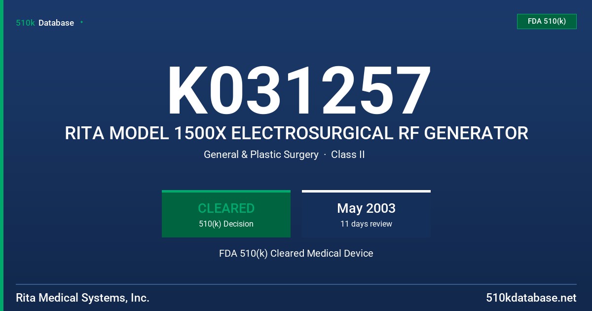 K031257 RITA MODEL 1500X ELECTROSURGICAL RF GENERATOR FDA 510(k) Cleared Medical Device