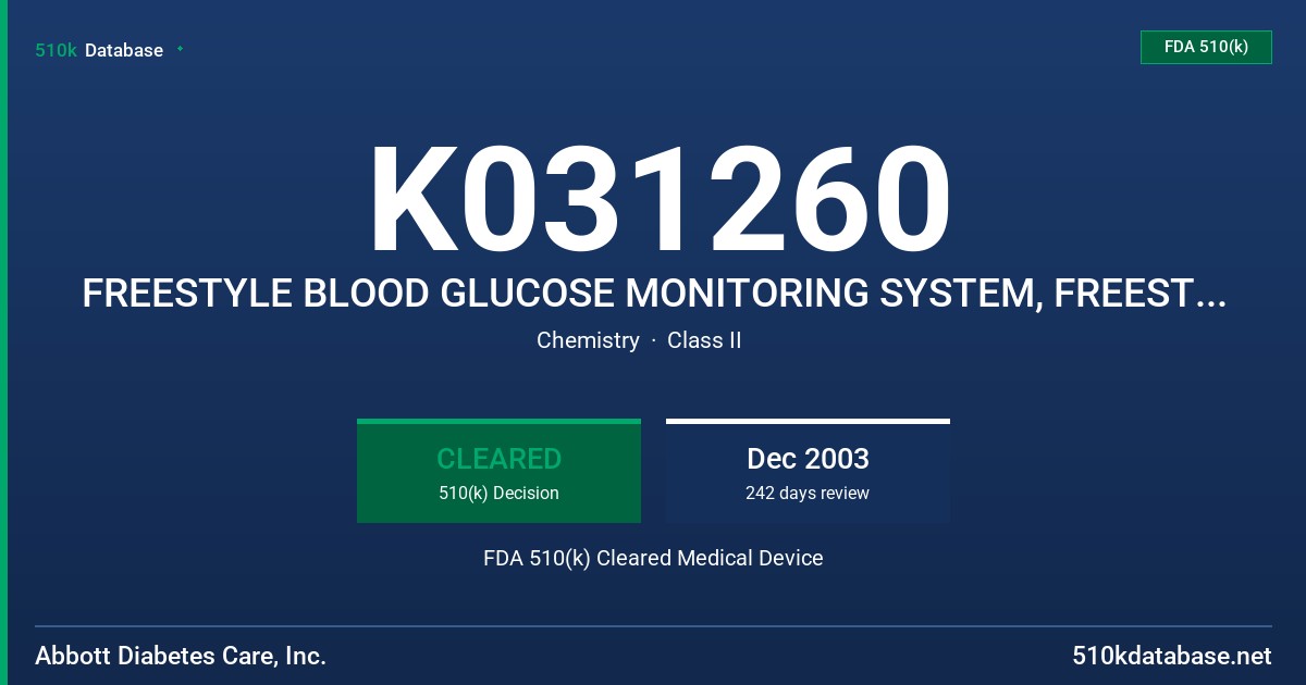 K031260 FREESTYLE BLOOD GLUCOSE MONITORING SYSTEM, FREESTYLE TRACKER DIABETES MANAGEMENT SYSTEM, MODELS 11001, 16000, AND 16005 FDA 510(k) Cleared Medical Device