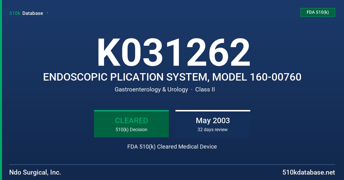 K031262 ENDOSCOPIC PLICATION SYSTEM, MODEL 160-00760 FDA 510(k) Cleared Medical Device