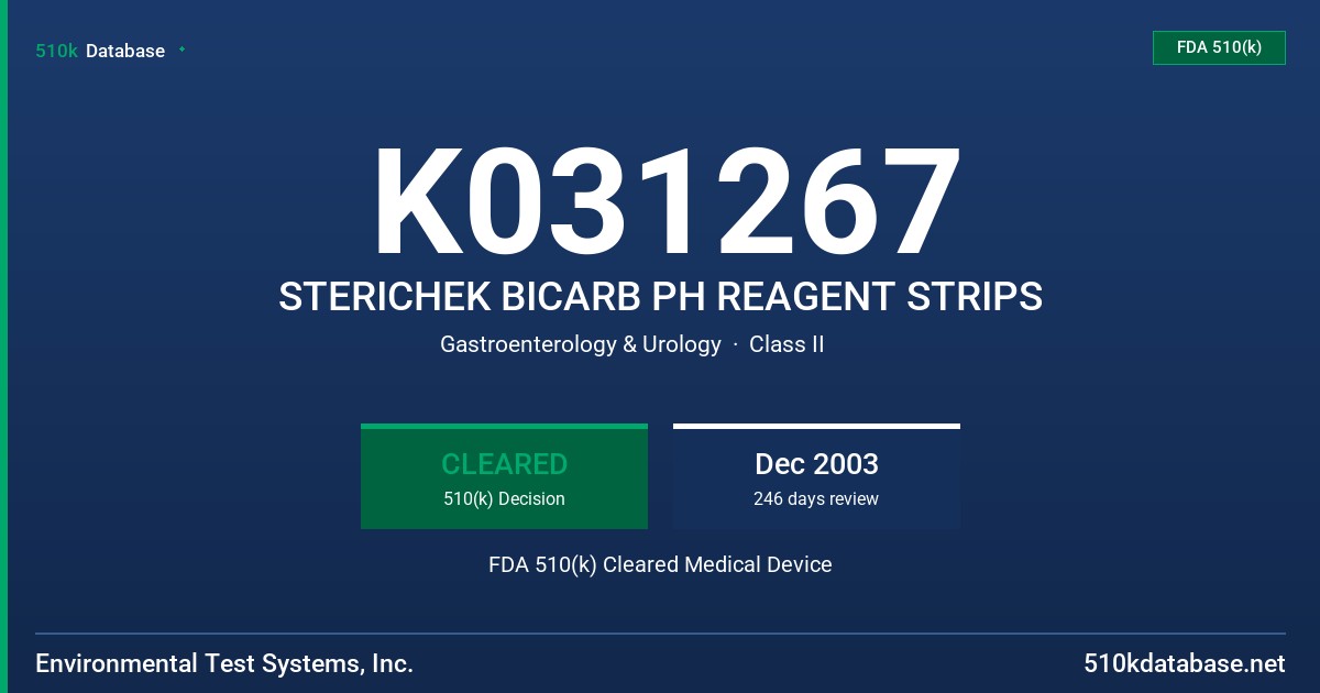 K031267 STERICHEK BICARB PH REAGENT STRIPS FDA 510(k) Cleared Medical Device