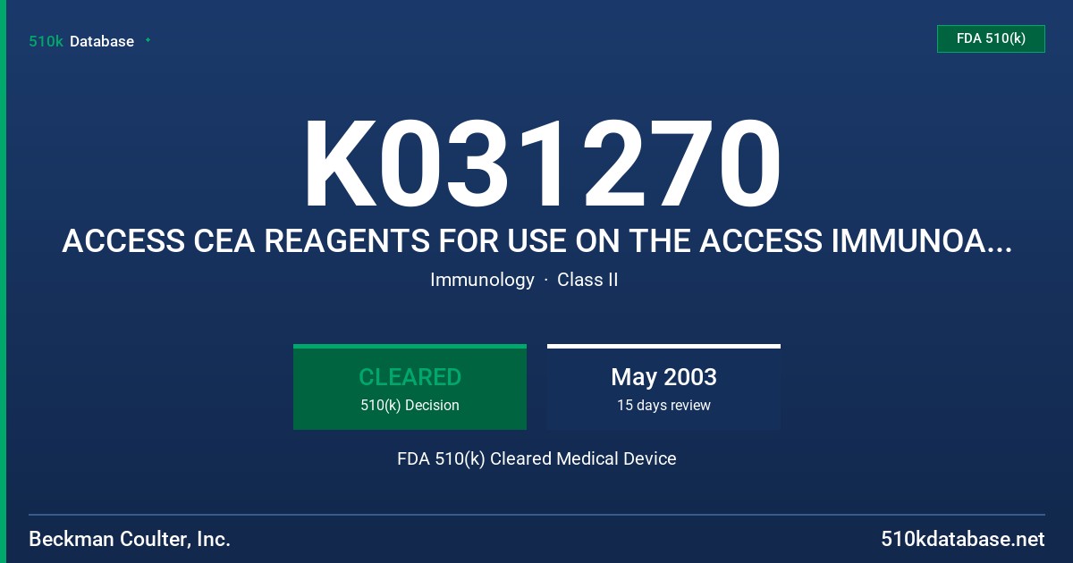 K031270 ACCESS CEA REAGENTS FOR USE ON THE ACCESS IMMUNOASSAY SYSTEMS FDA 510(k) Cleared Medical Device