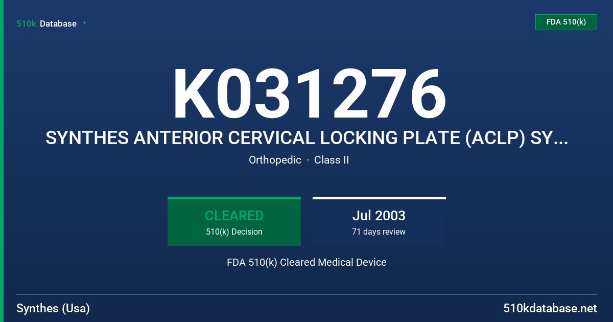 K031276 SYNTHES ANTERIOR CERVICAL LOCKING PLATE (ACLP) SYSTEM FDA 510(k) Cleared Medical Device