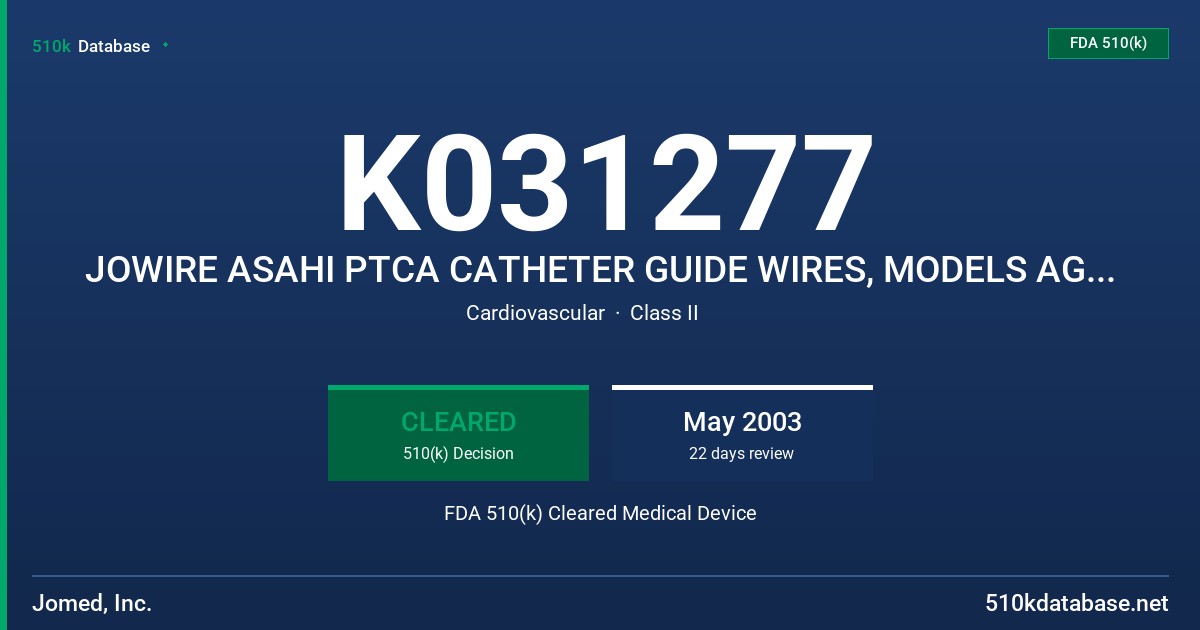 K031277 JOWIRE ASAHI PTCA CATHETER GUIDE WIRES, MODELS AG145300,141300,142300,132200,14M350,14M345,14M360,143390,141002 FDA 510(k) Cleared Medical Device
