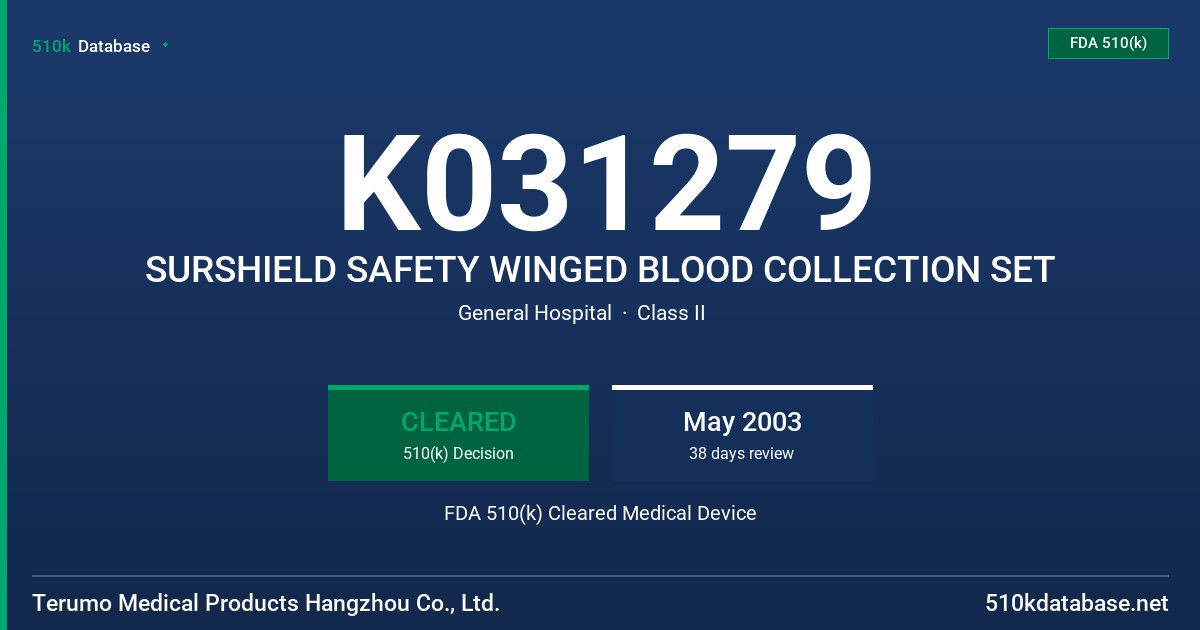 K031279 SURSHIELD SAFETY WINGED BLOOD COLLECTION SET FDA 510(k) Cleared Medical Device