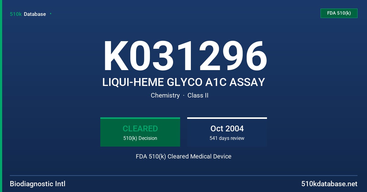 K031296 LIQUI-HEME GLYCO A1C ASSAY FDA 510(k) Cleared Medical Device