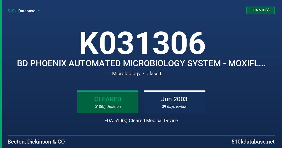 K031306 BD PHOENIX AUTOMATED MICROBIOLOGY SYSTEM - MOXIFLOXACIN GRAM POSITIVE FDA 510(k) Cleared Medical Device