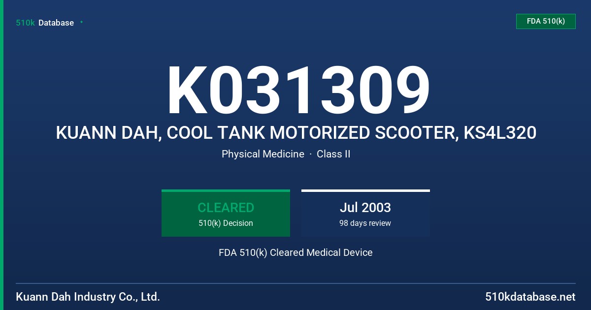 K031309 KUANN DAH, COOL TANK MOTORIZED SCOOTER, KS4L320 FDA 510(k) Cleared Medical Device