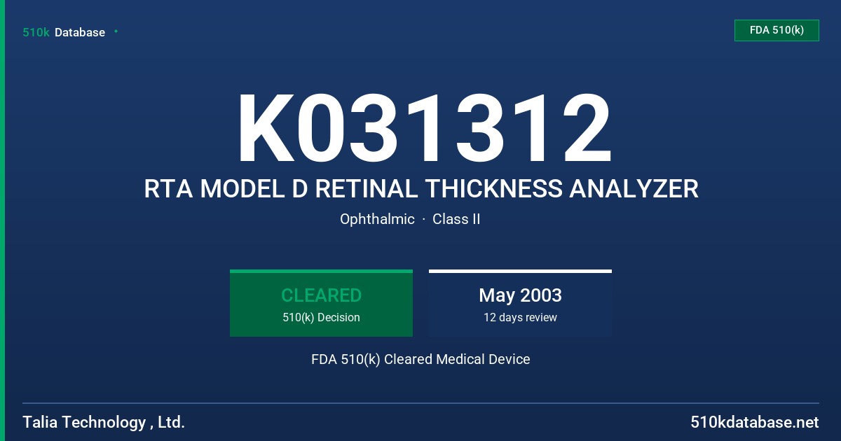 K031312 RTA MODEL D RETINAL THICKNESS ANALYZER FDA 510(k) Cleared Medical Device
