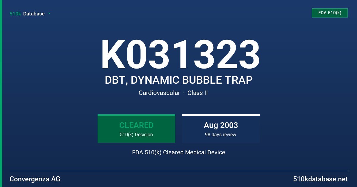 K031323 DBT, DYNAMIC BUBBLE TRAP FDA 510(k) Cleared Medical Device