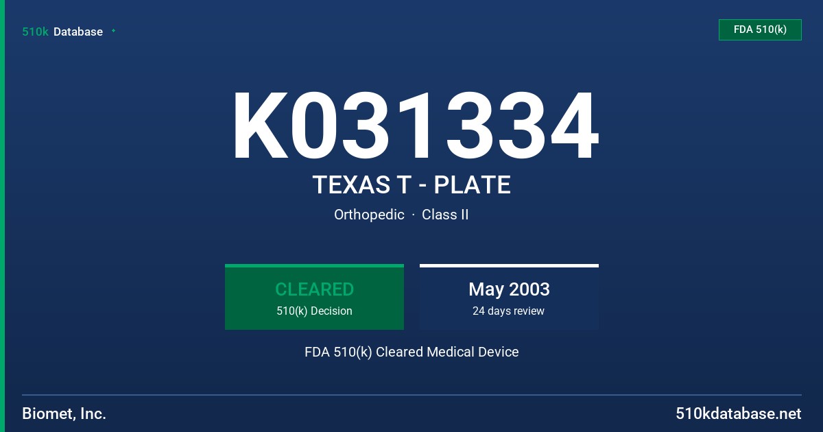 K031334 TEXAS T - PLATE FDA 510(k) Cleared Medical Device