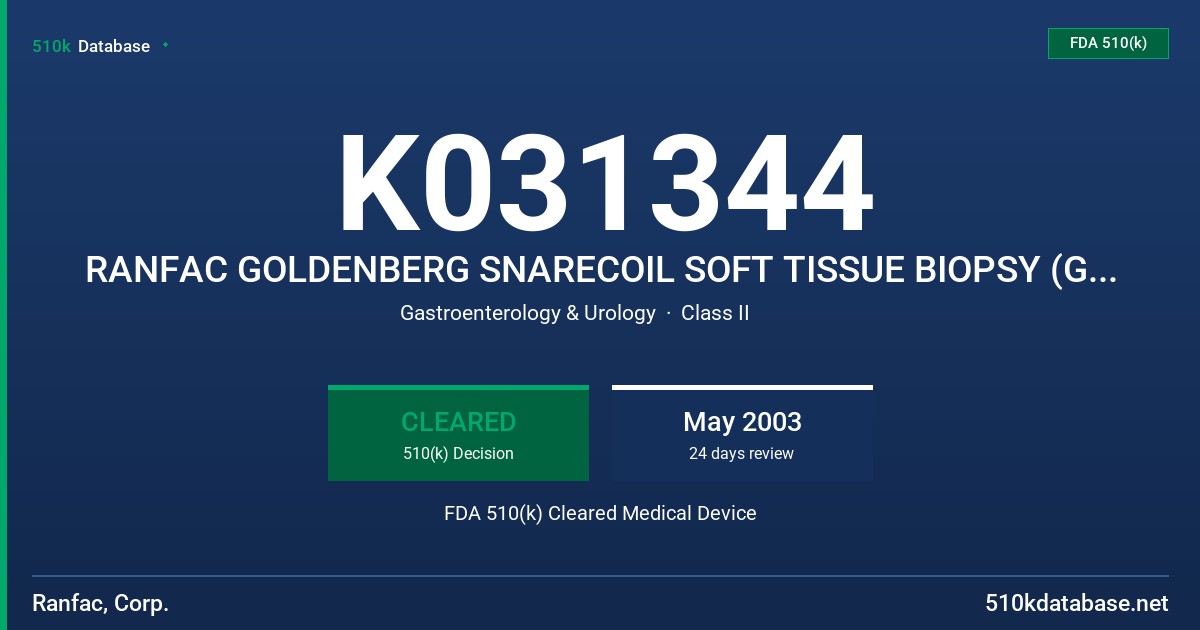 K031344 RANFAC GOLDENBERG SNARECOIL SOFT TISSUE BIOPSY (GSS) NEEDLE FDA 510(k) Cleared Medical Device