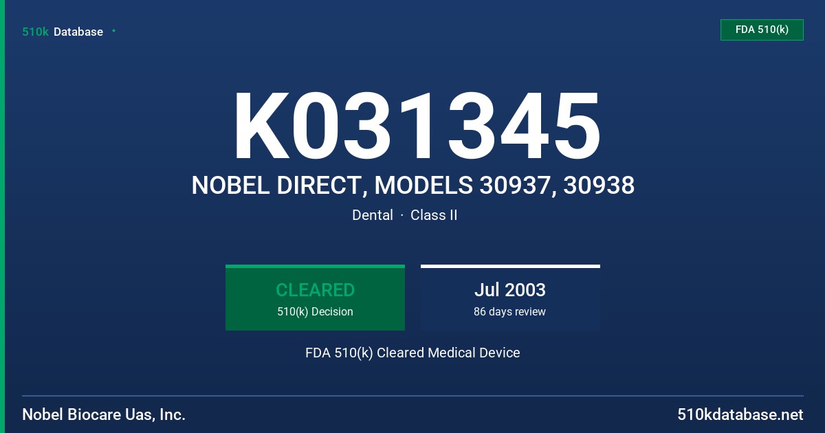 K031345 NOBEL DIRECT, MODELS 30937, 30938 FDA 510(k) Cleared Medical Device