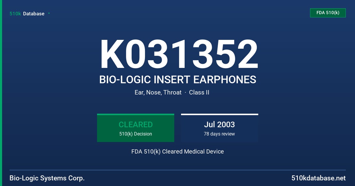 K031352 BIO-LOGIC INSERT EARPHONES FDA 510(k) Cleared Medical Device