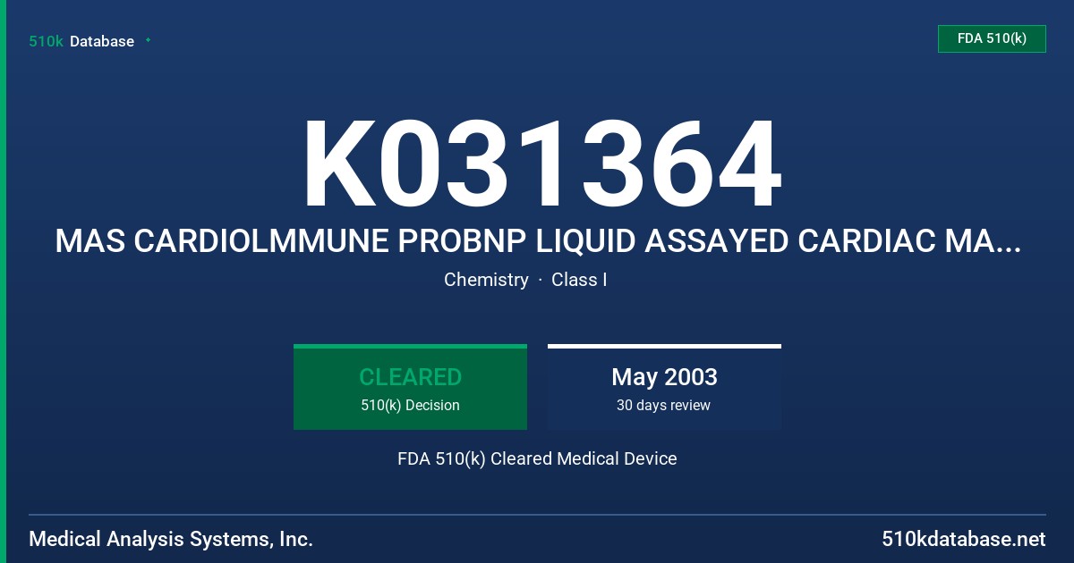 K031364 MAS CARDIOLMMUNE PROBNP LIQUID ASSAYED CARDIAC MARKER CONTROL LEVEL 1, 2 AND 3 FDA 510(k) Cleared Medical Device