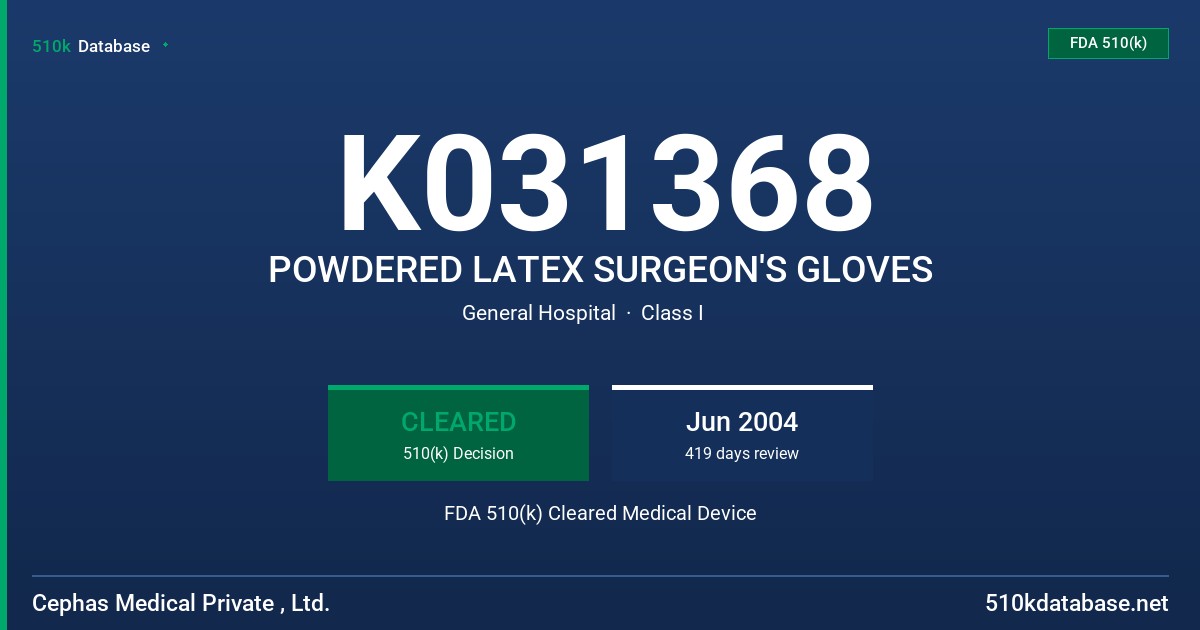 K031368 POWDERED LATEX SURGEON'S GLOVES FDA 510(k) Cleared Medical Device